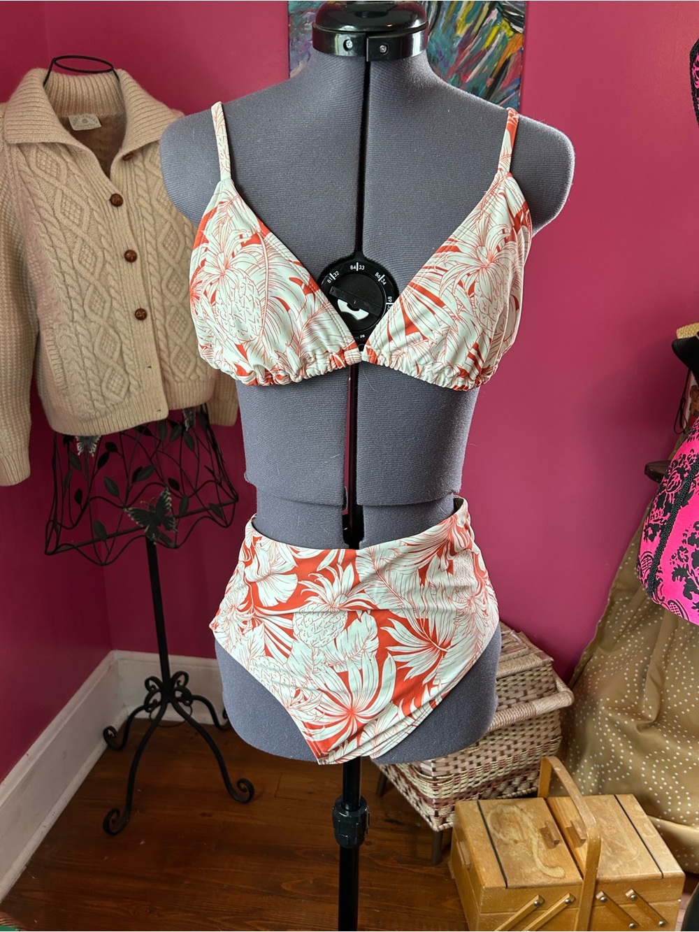 Old Navy Coral and White Tropical Print High-Waist Bikini